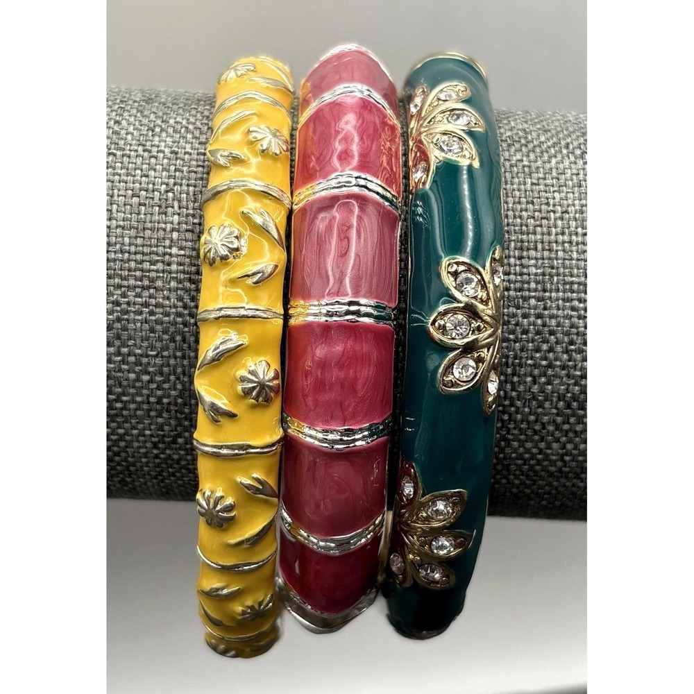 Set of 3 Enamel Rhinestone Bangle Bracelets Floral Pink Green Yellow  7.5 - 8"